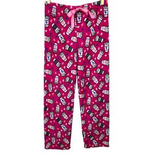 Bobbie Brooks Sleepwear Pink Fluffy Fleece Pajama Pants Coffee Cup Theme SMALL